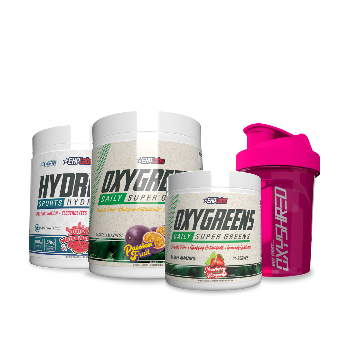 Health Essentials Stack bundle with OxyGreens super greens, Hydreau hydration and an OxyShred shaker bottle