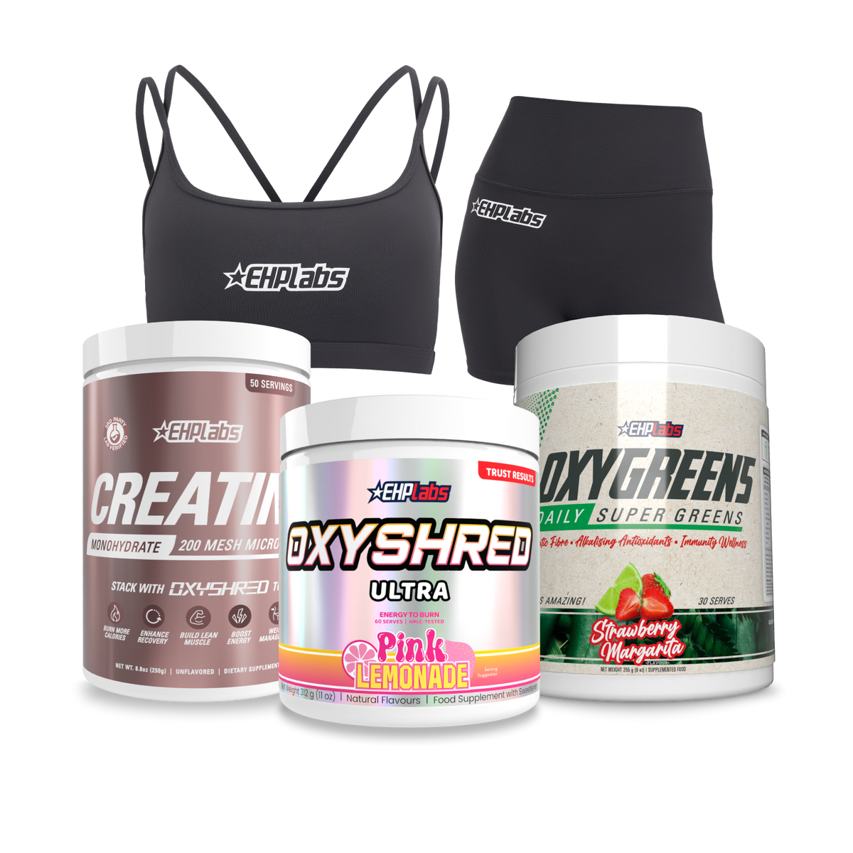 Hot Girl Stack bundle with OxyShred, OxyGreens, Crea-8 creatine, EHP sports bra and Sculpt leggings