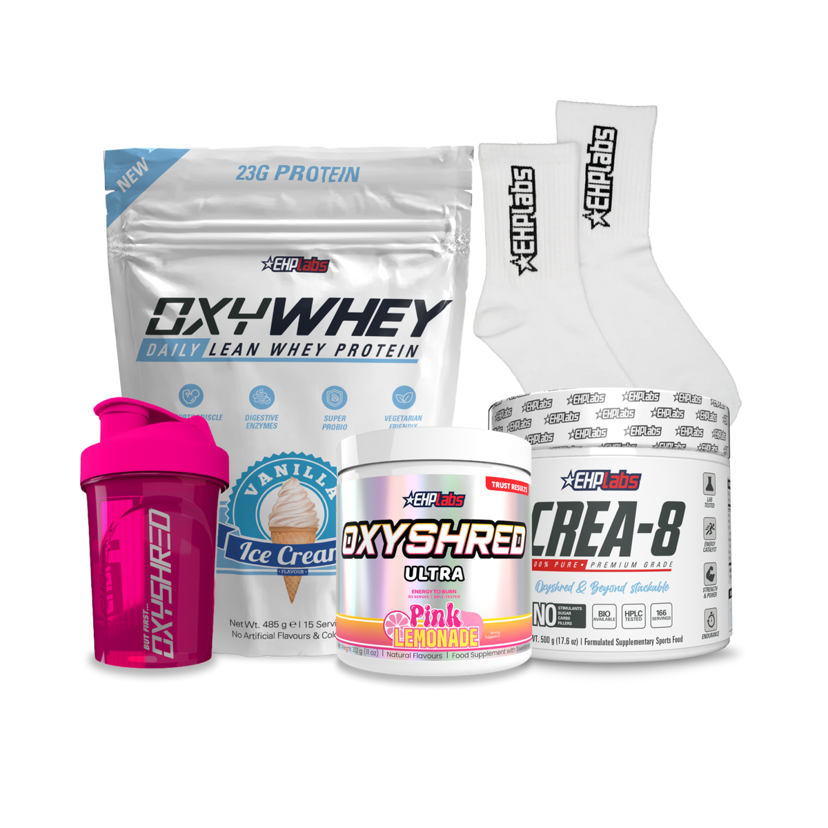 Lean Gains Stack bundle with OxyWhey protein, Crea-8 creatine, OxyShred, shaker bottle and gym socks