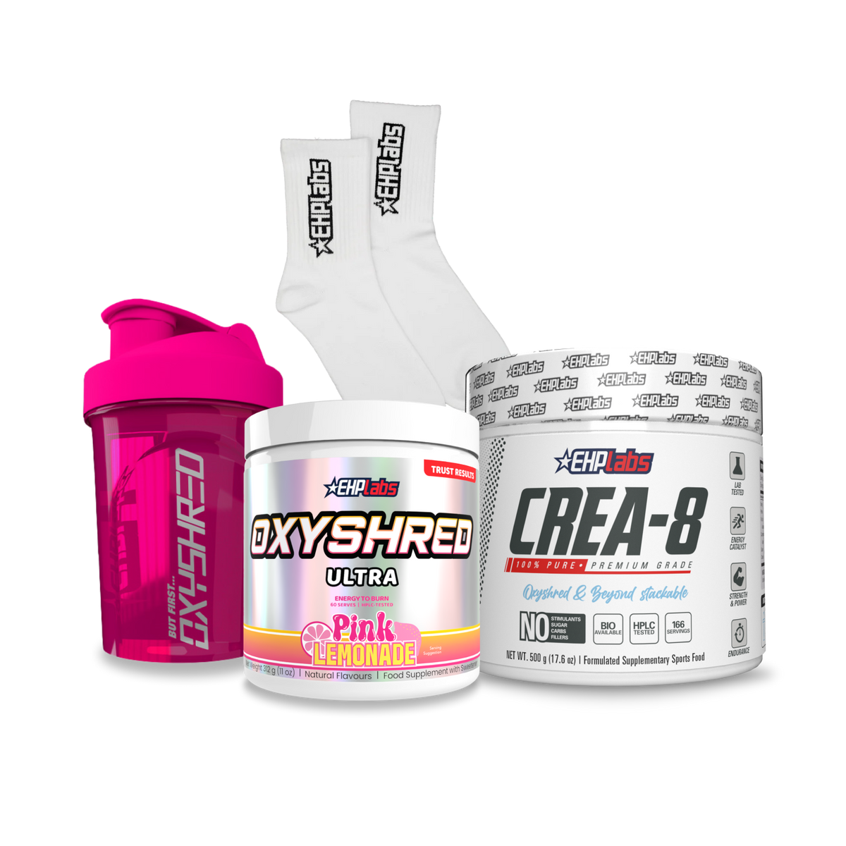 OxyShred + Creatine Stack bundle with OxyShred, Crea-8 creatine monohydrate, shaker bottle and gym socks