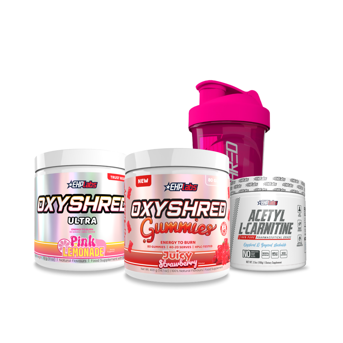 Shred Trio Stack bundle with OxyShred, Acetyl L-Carnitine, OxyShred Gummies and a shaker bottle