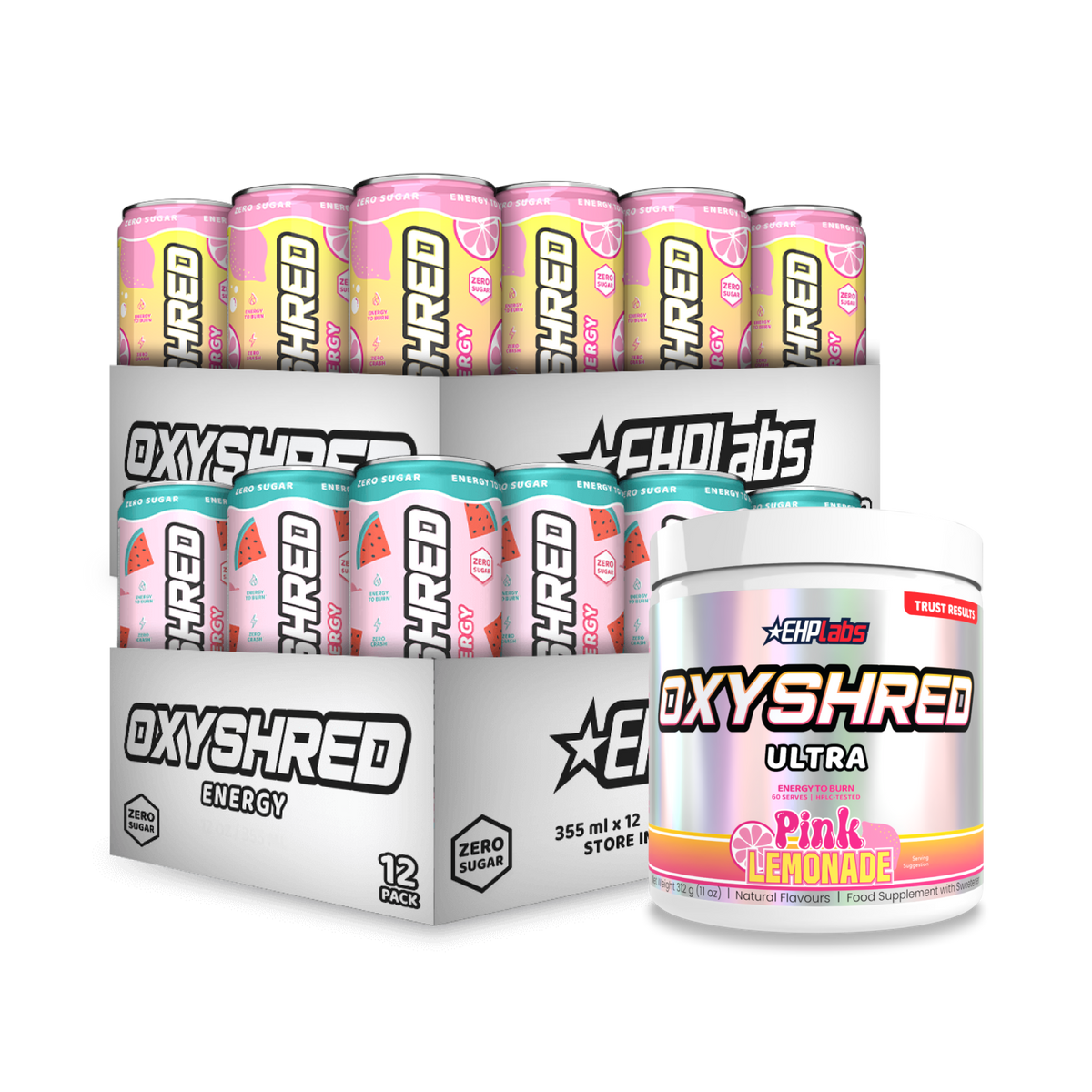 Ultimate OxyShred Energy Stack bundle with OxyShred powder, OxyShred Energy 12 pack and OxyShred Infinity caffeine free